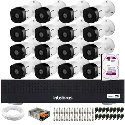 Kit 16 Câmeras Intelbras Vhl 1120 B Hdcvi Hd 720p Visão Noturna 20m Ip66 + Dvr Mhdx 1116c + Hd 2TB