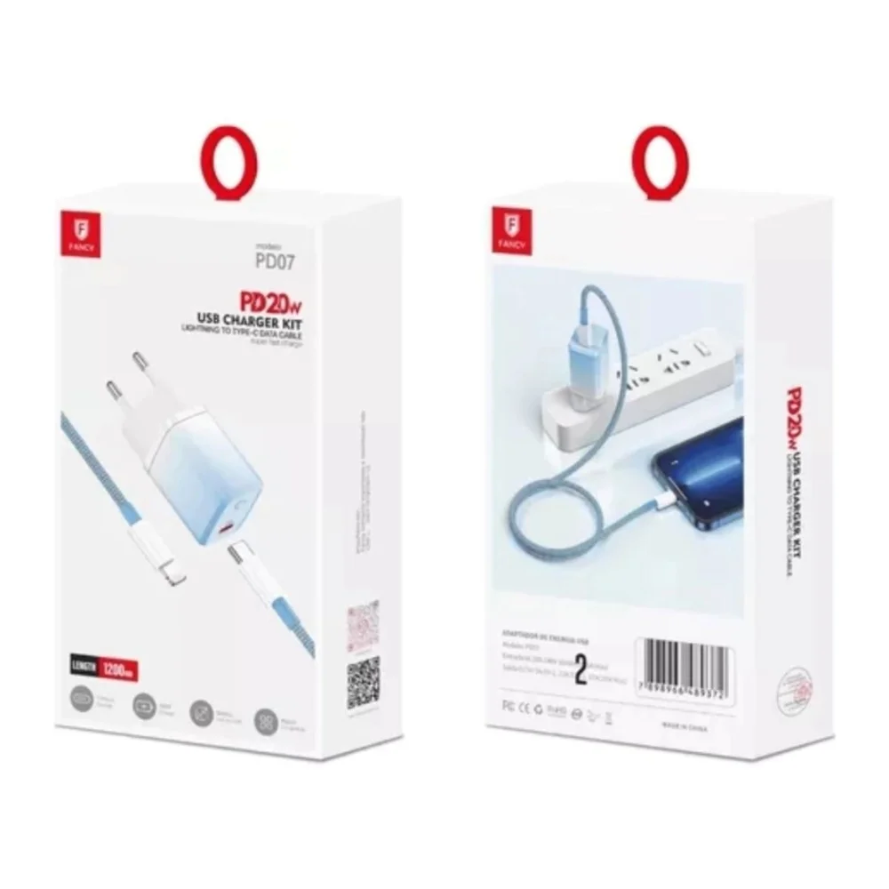 Imagem 3 de 5 do produto Carregador Completo Inteligente Com Cabo Tipo C-lightning Turbo 20w Fancy - Azul