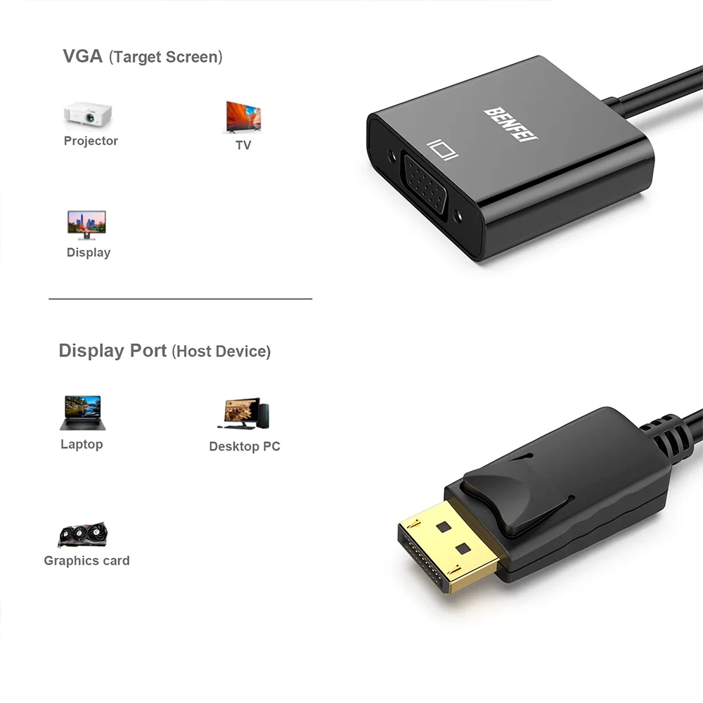 Imagem 4 de 5 do produto Adaptador Displayport Para Vga Benfei Macho/fêmea Preto