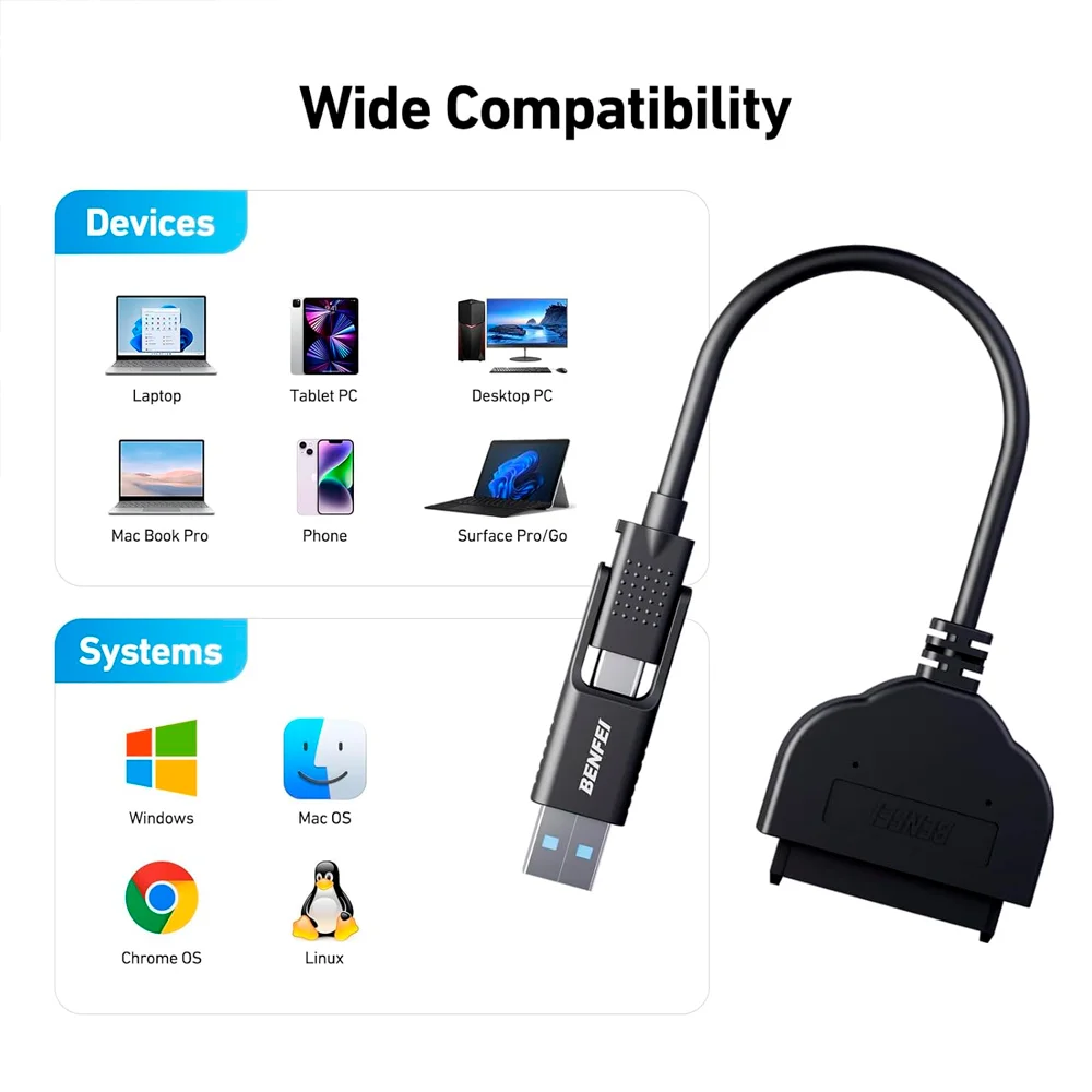 Imagem 5 de 5 do produto Cabo Sata Benfei 2 Em 1 Sata3 Para Usb A/c Preto