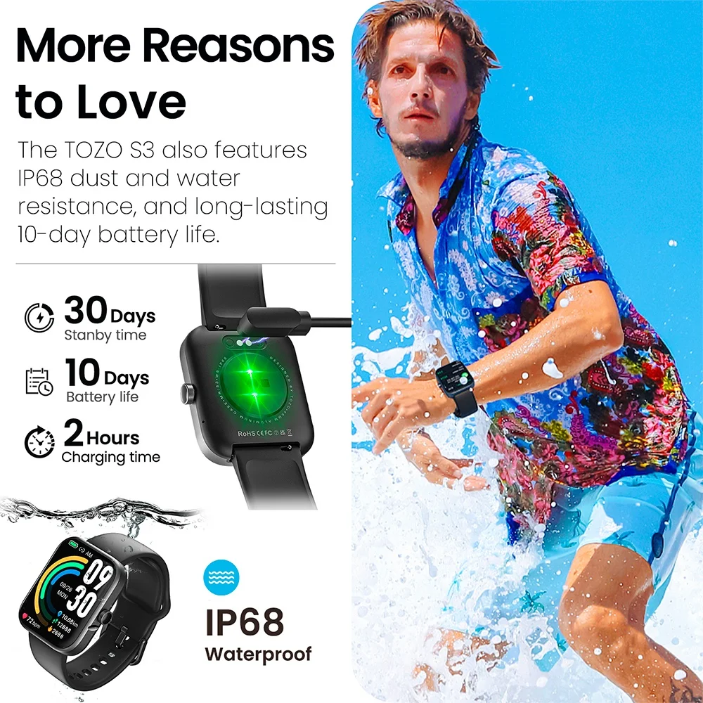Imagem 2 de 5 do produto Smartwatch Tozo S3 Bluetooth 5.3 Tela 1,8 Pol. Preto