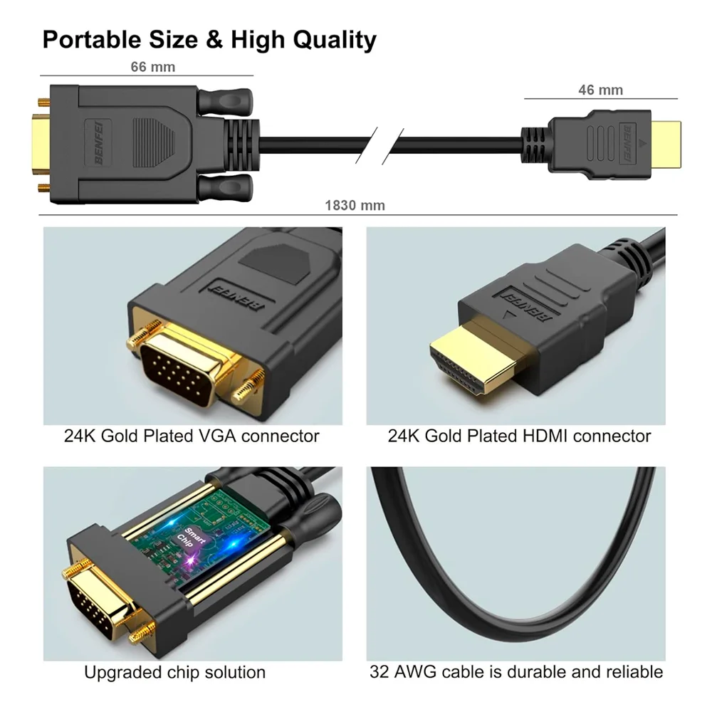 Imagem 3 de 5 do produto Cabo HDMI Para Vga Benfei Macho/macho Preto