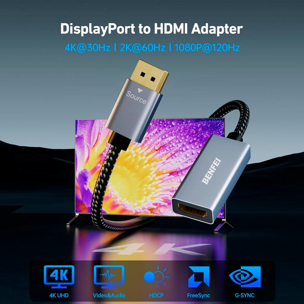 Imagem 2 de 5 do produto Adaptador Displayport P/hdmi Benfei Macho/fêmea Cinza