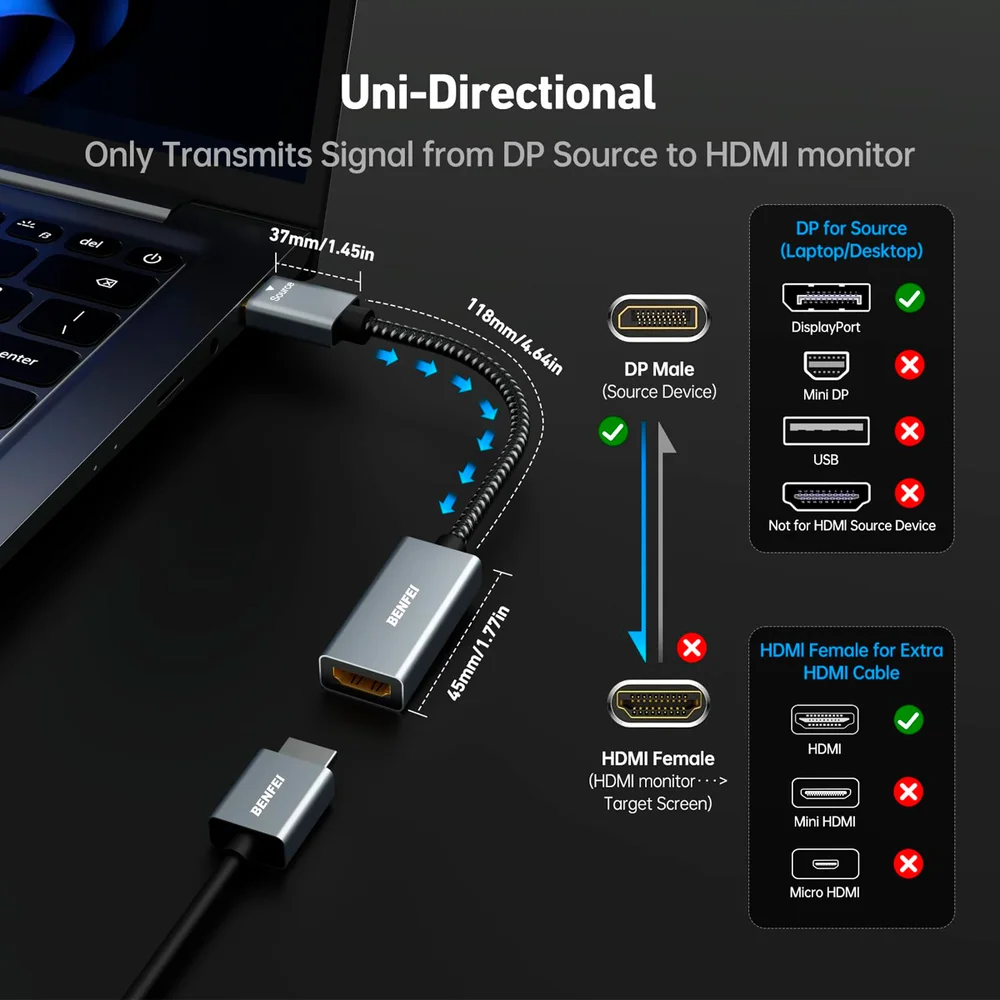 Imagem 3 de 5 do produto Adaptador Displayport P/hdmi Benfei Macho/fêmea Cinza