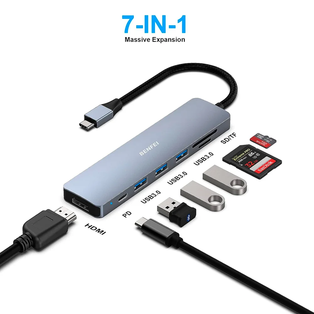Imagem 3 de 5 do produto Hub Adaptador Multifuncional Benfei 7 Em 1 P/usb C Cinza
