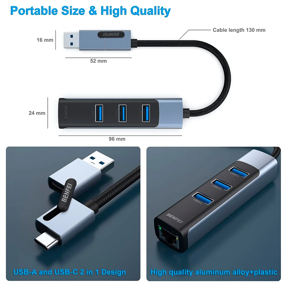 Imagem 5 de 5 do produto Hub Multifuncional Benfei 2 Em 1 P/usb-c/a 3.0 Cinza