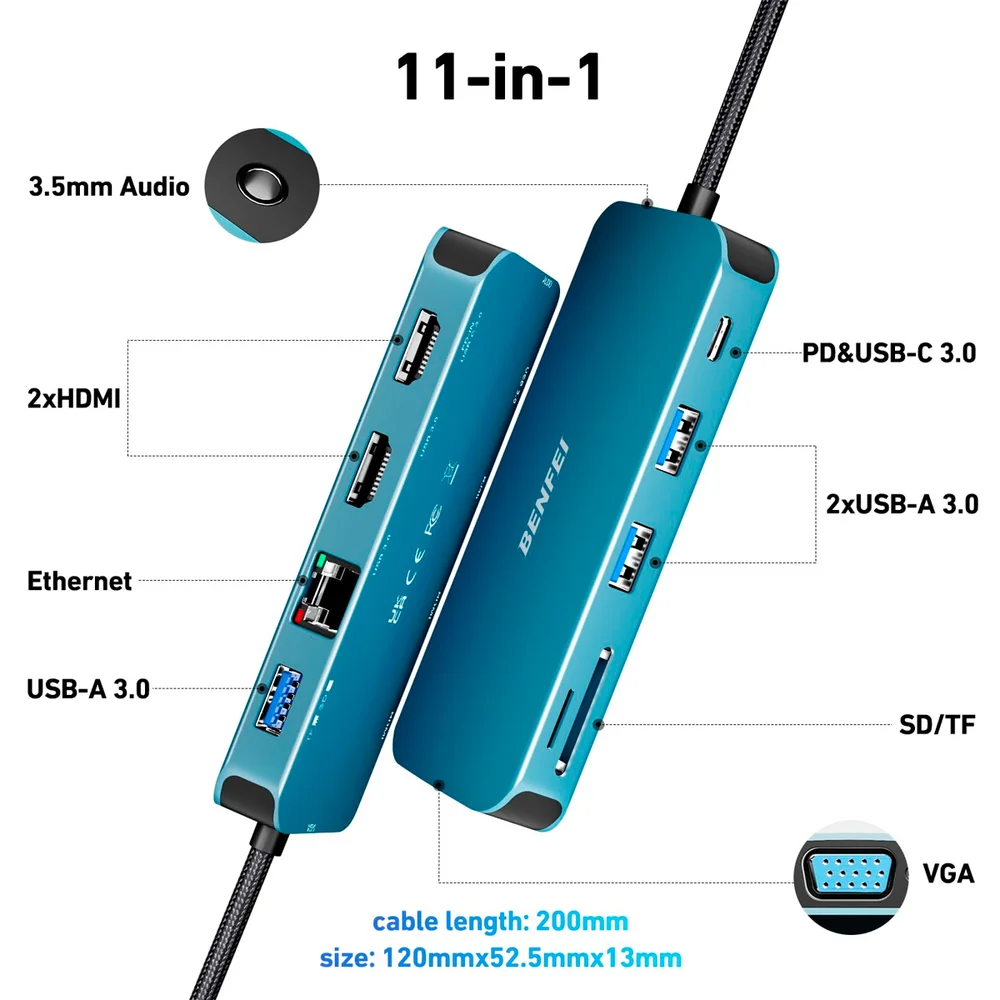 Imagem 2 de 5 do produto Hub Adaptador Multifuncional Benfei 11 In 1 P/usb C Azul