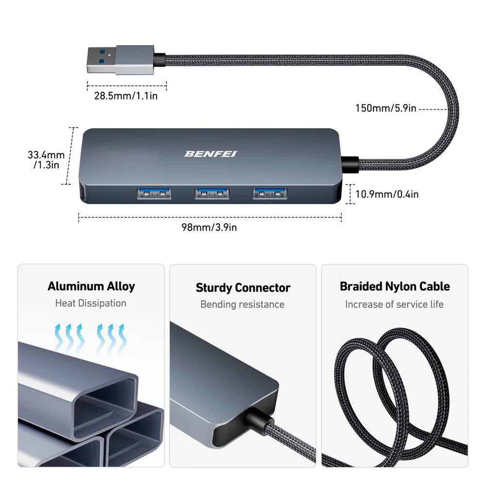 Imagem 2 de 5 do produto Hub Multifuncional Benfei Usb 3.0 Para Usb A Cinza