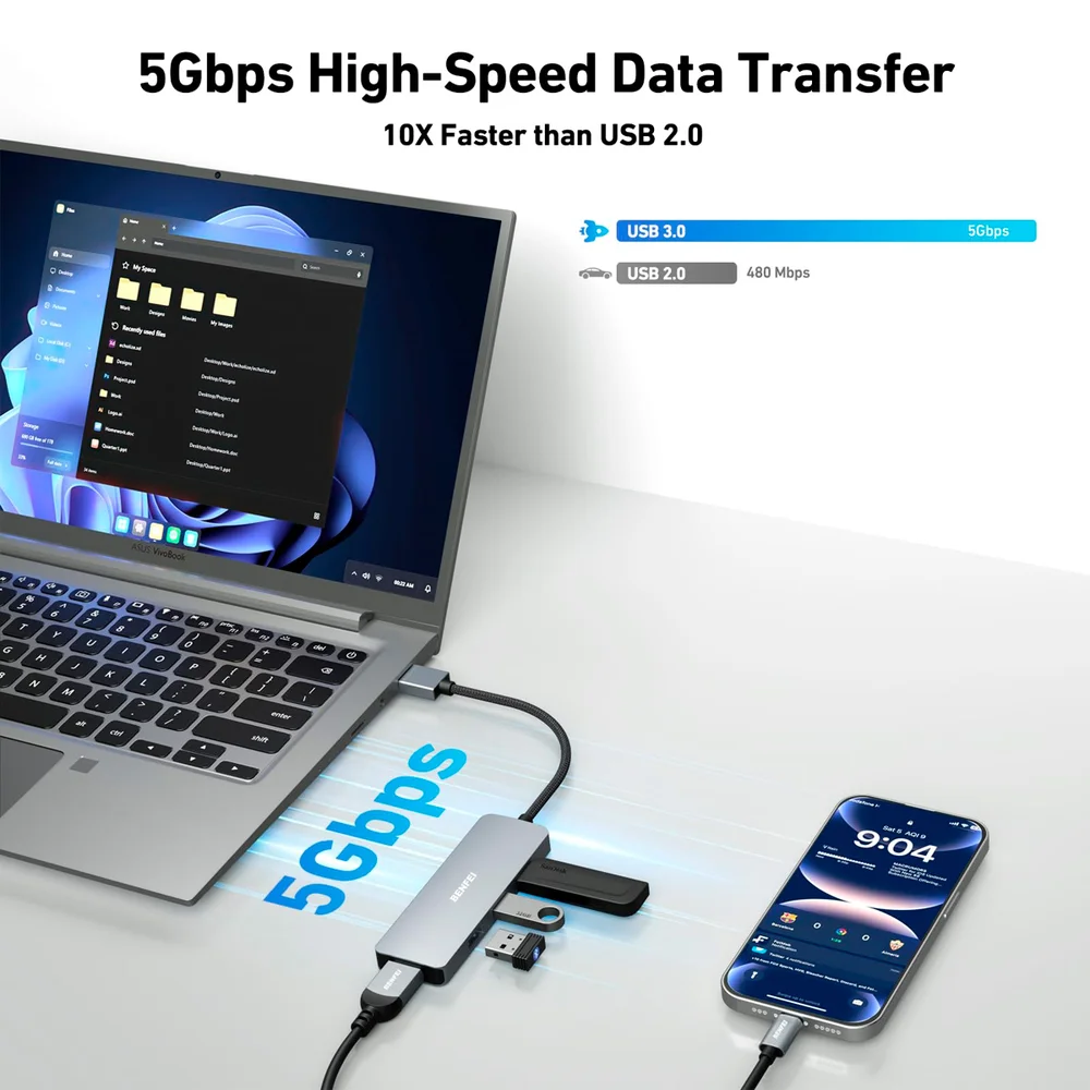 Imagem 5 de 5 do produto Hub Multifuncional Benfei Usb 3.0 Para Usb A Cinza
