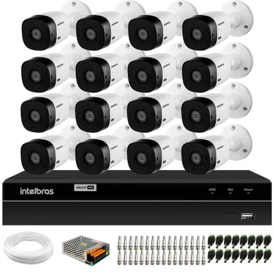 Kit 16 Câmeras Intelbras Vhl 1220 Bullet Full Hd Visão Noturna 20m Dvr Intelbras Mhdx 1216 16 Canais