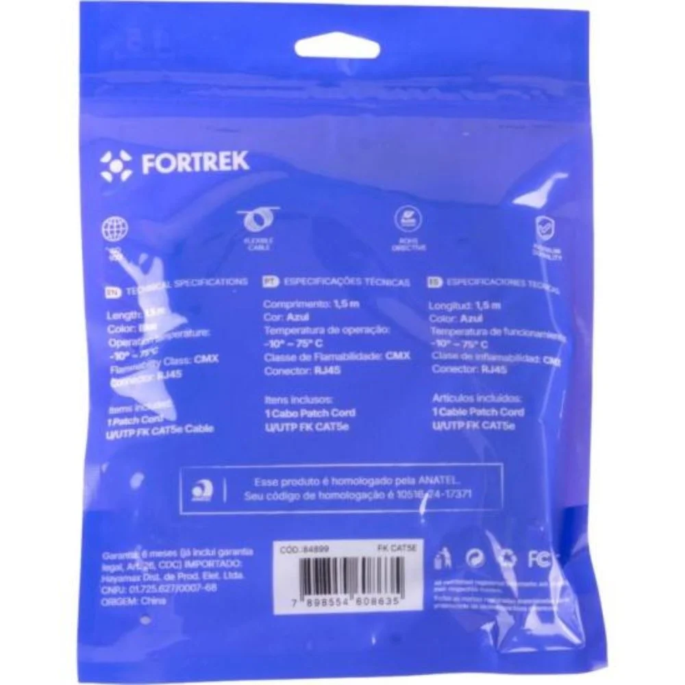 Imagem 4 de 4 do produto Cabo De Rede Patch Cord Cat5e 1,5m Fortrek Fkcat5e Az U Unica Unica