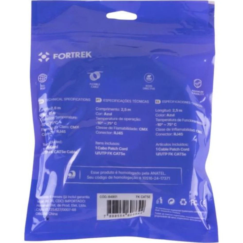 Imagem 4 de 4 do produto Cabo De Rede Patch Fortrek Cord Cat5e 2,5m Fkcat5e Az U Unica Unica
