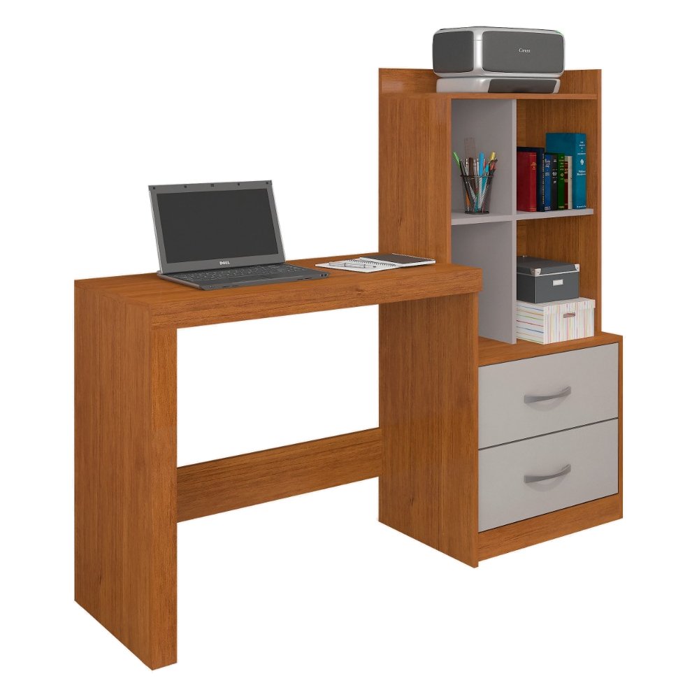 Mesa De Estudo Com Estante Alana 2 Gavetas 4 Nichos Cor:cinamomo / Off
