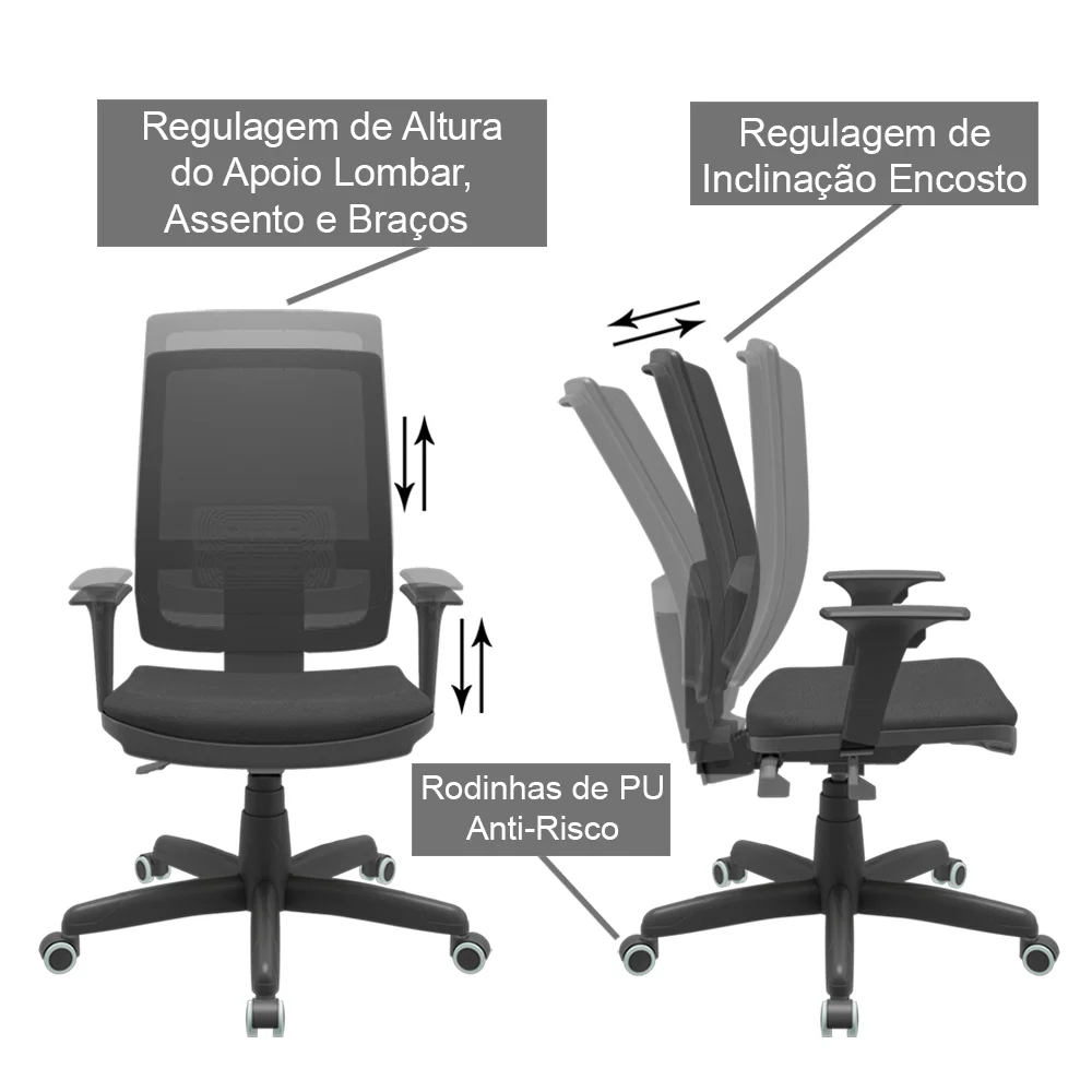Imagem 3 de 5 do produto Cadeira Presidente Brizza Tela Ergonômica Para Escritório Regulagem Altura Back System Nr17 Preta