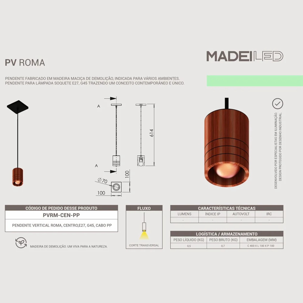 Imagem 4 de 5 do produto Luminária Pendente Roma Em Madeira De Demolição