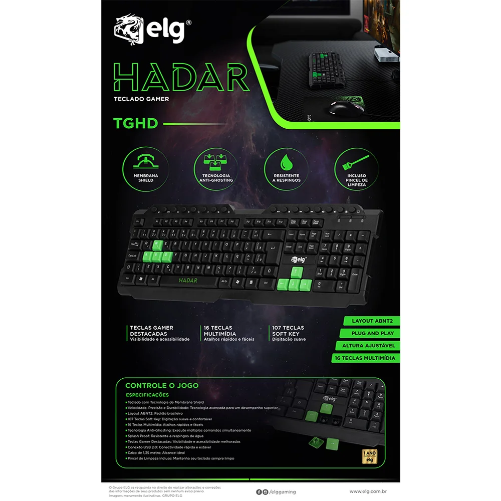 Imagem 5 de 5 do produto Teclado Gamer Hadar Em Membrana , 107 Teclas Abnt2, Anti-ghosting, Teclas Multimídia, Pincel De Limpeza, Preto, Tghd, Elg