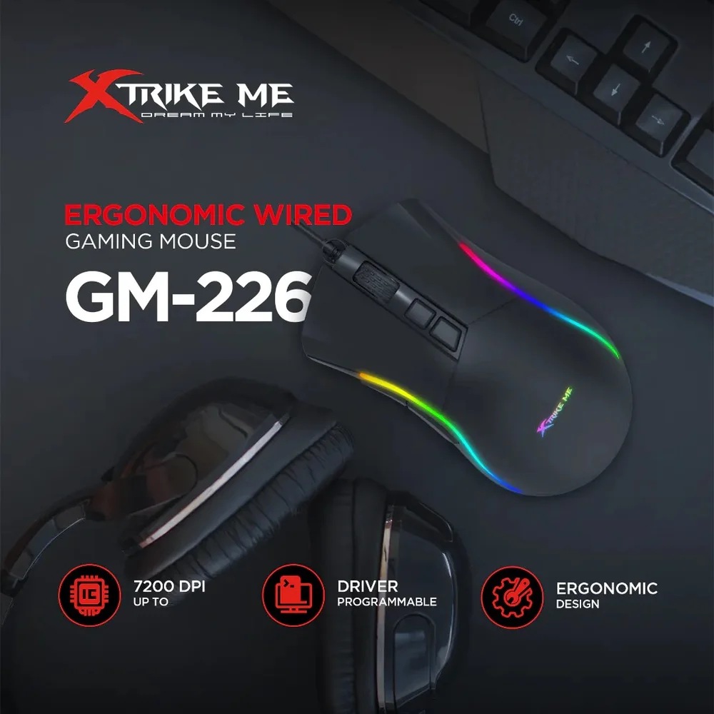 Imagem 3 de 5 do produto Mouse Gamer Preto Premium Xtrike-me Gm-226 Com Fio Usb RGB Com Software Programavel 7200dpi