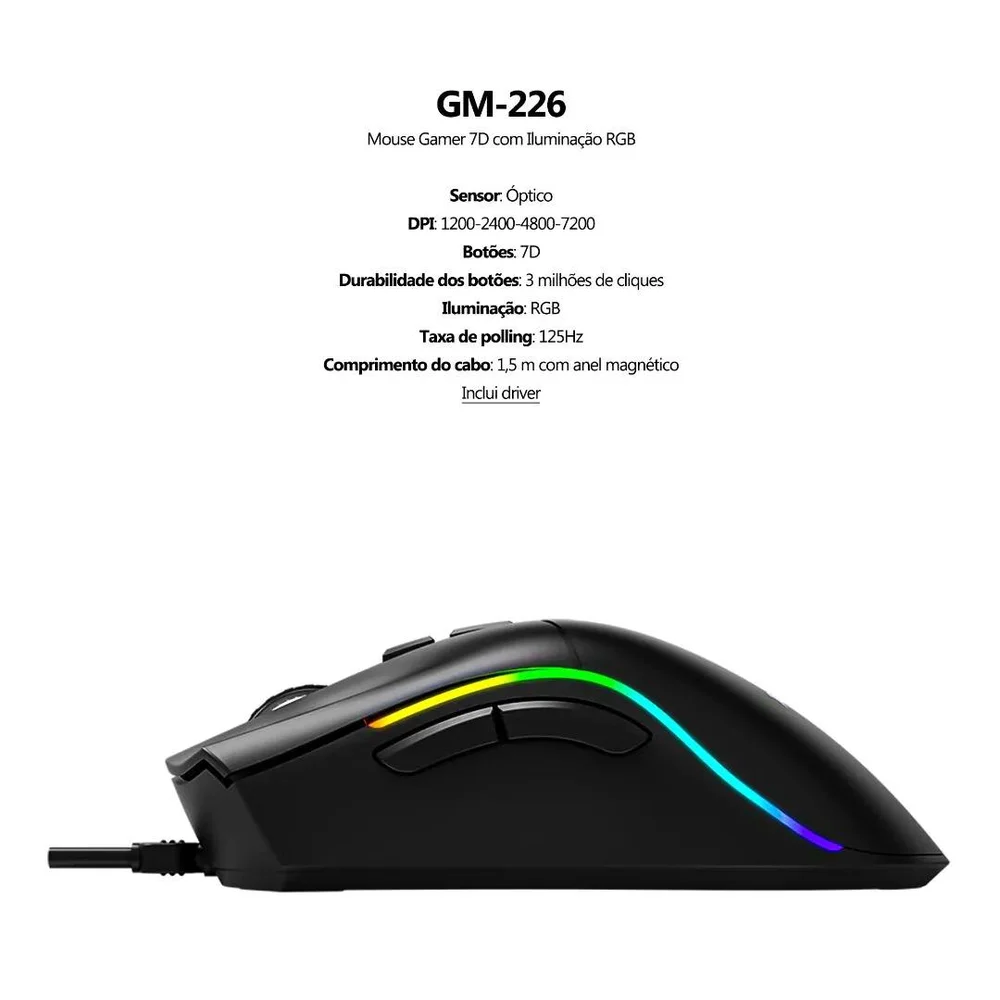 Imagem 5 de 5 do produto Mouse Gamer Preto Premium Xtrike-me Gm-226 Com Fio Usb RGB Com Software Programavel 7200dpi