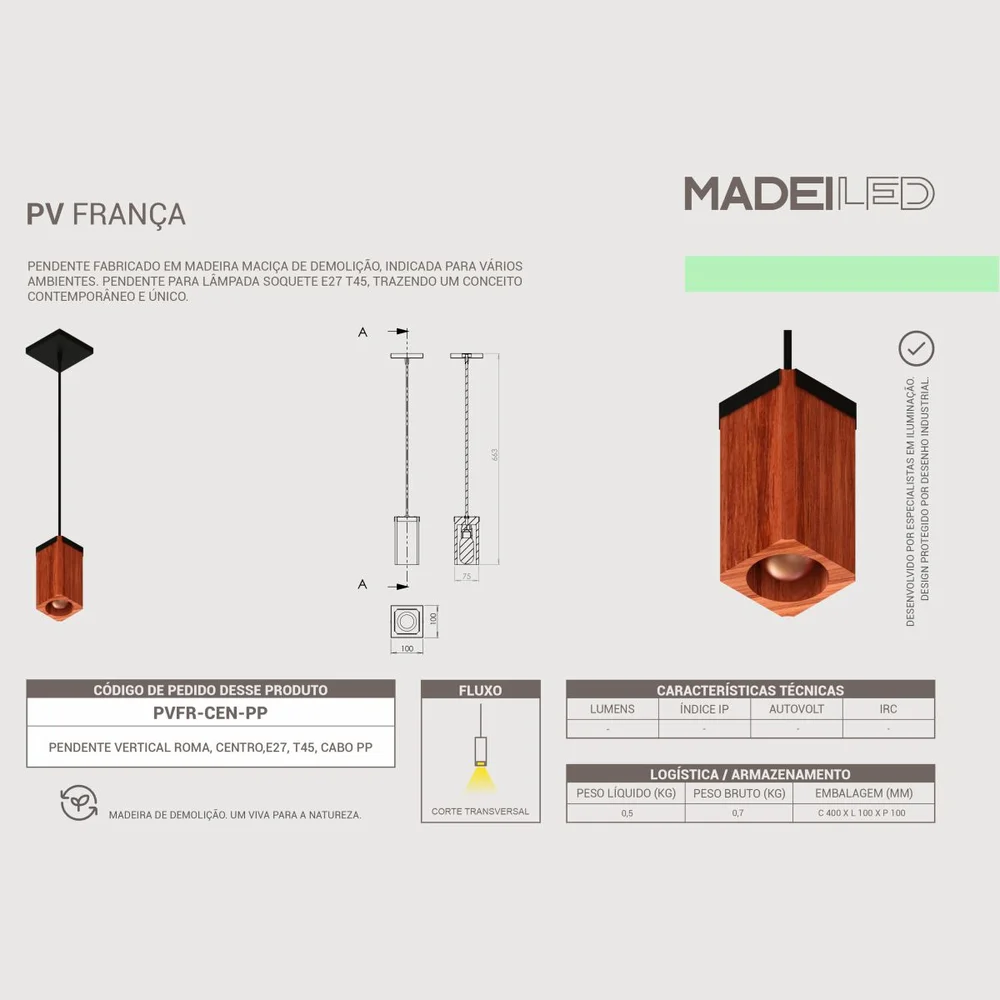 Imagem 5 de 5 do produto Luminária Pendente França Madeira Maciça De Demolição  Rosca E27