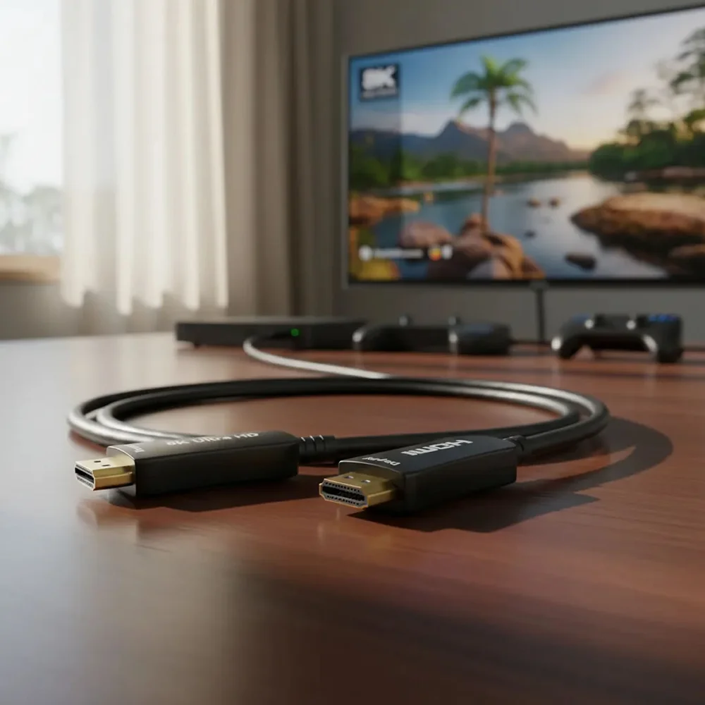 Imagem 2 de 5 do produto Cabo HDMI 2.1 Fibra Óptica 8k 60hz 48g Ouro De 40 Metros