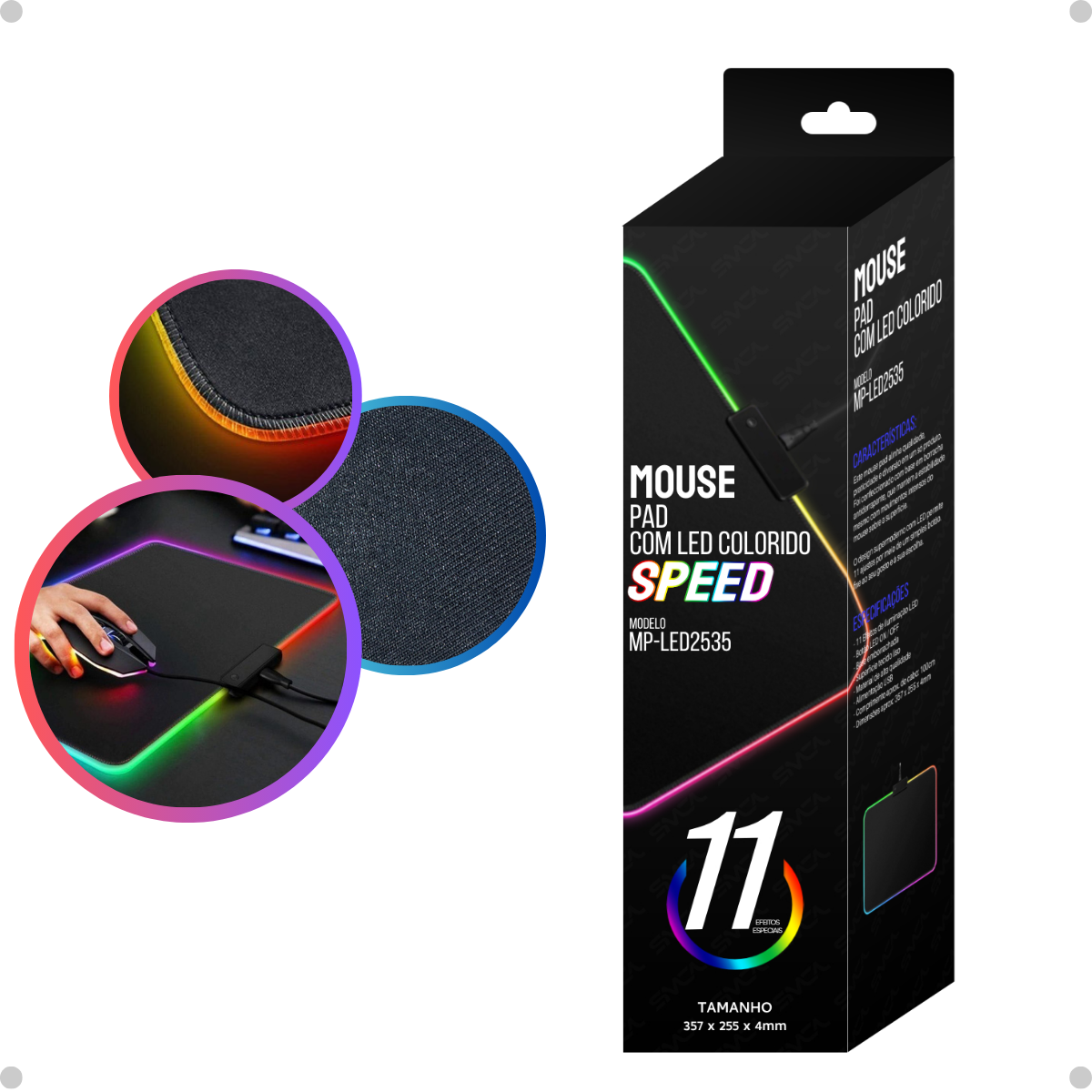 Mouse Pad Preto Gamer Com Borda LED Colorida 11 Efeitos 35x25cm