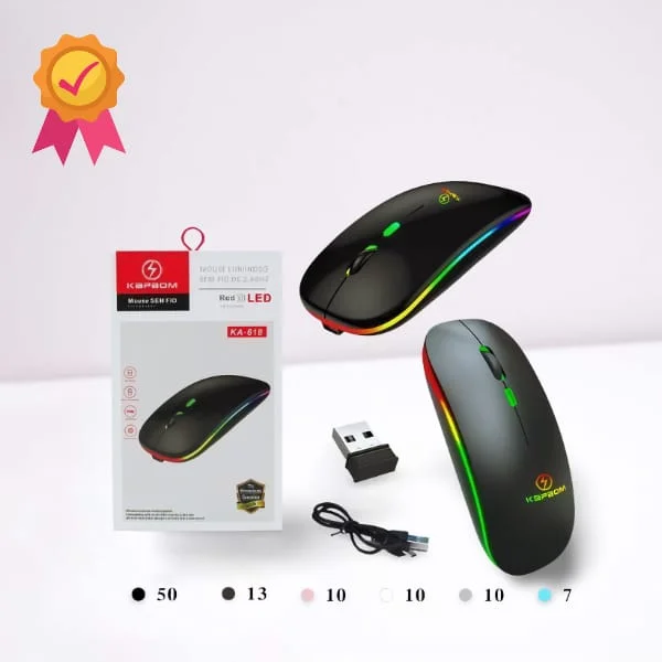 Imagem 2 de 5 do produto Mouse Sem Fio LED Ergonômico Recarregável Wireless Ótico RGB