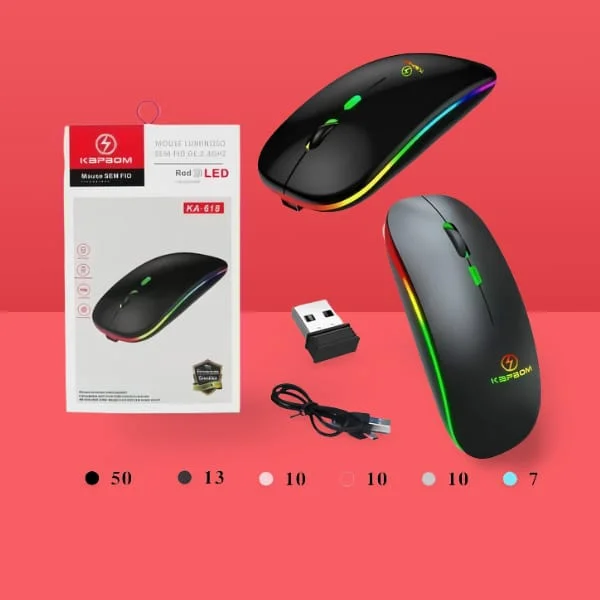 Imagem 3 de 5 do produto Mouse Sem Fio LED Ergonômico Recarregável Wireless Ótico RGB