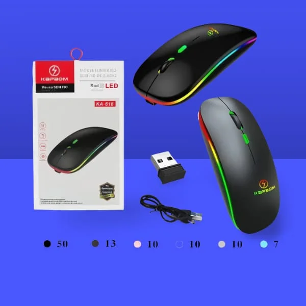 Imagem 4 de 5 do produto Mouse Sem Fio LED Ergonômico Recarregável Wireless Ótico RGB