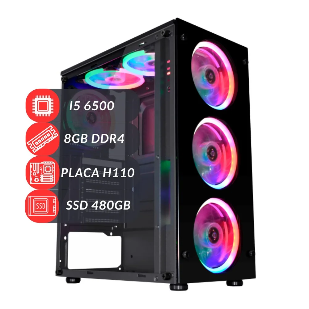 PC Computador Gamer Com Fans RGB i5 6500 Placa H110 8GB Ddr4 SSD 480GB  Fonte 500w