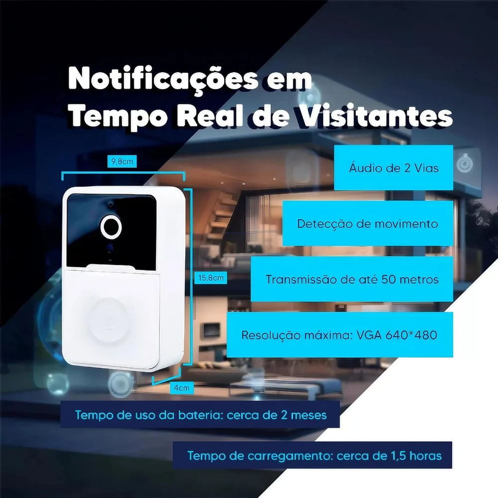 Imagem 3 de 5 do produto Campainha Interfone Inteligente Camera E Audio Wi-fi Sem Fio Visão Noturna