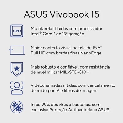 Notebook Asus Vivobook 15 X1504va Intel Core i5 1334u 4gb Ram 256gb SSD WINDOWS 11 Home Tela 15,6" LED Fhd Silver - Nj1723w - miniatura 2