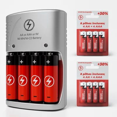 Carregador De Pilhas Recarregáveis Bivolt Rápido + 4 Pilhas Aa E 4 Aaa