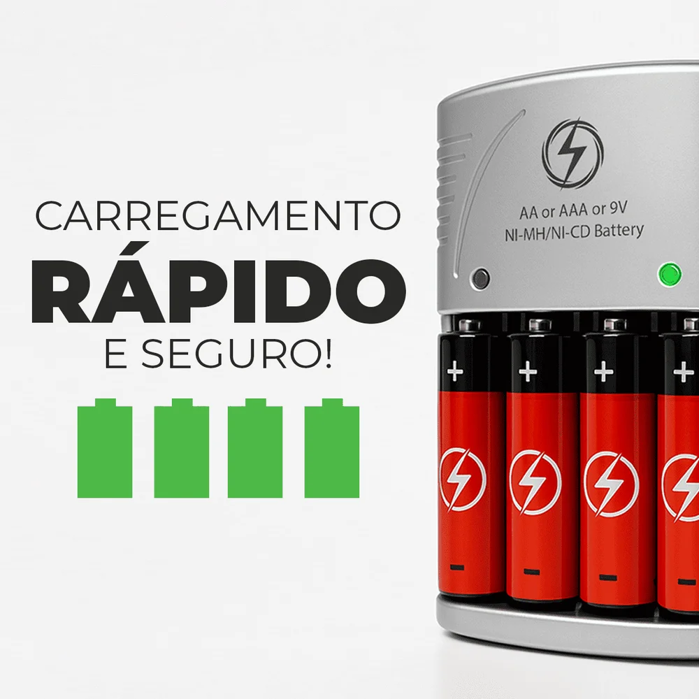Carregador De Pilhas Recarregáveis Bivolt Rápido + 4 Pilhas Aa E 4 Aaa