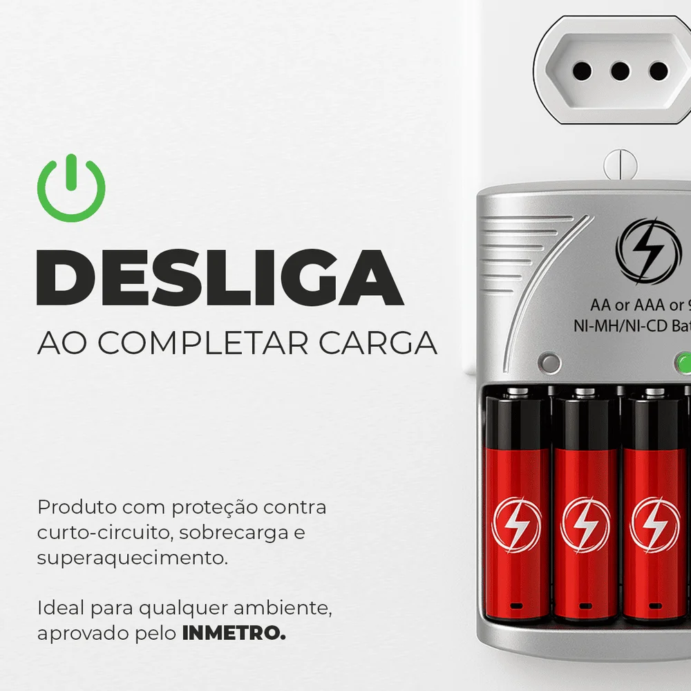 Carregador De Pilhas Recarregáveis Bivolt Rápido + 4 Pilhas Aa E 4 Aaa