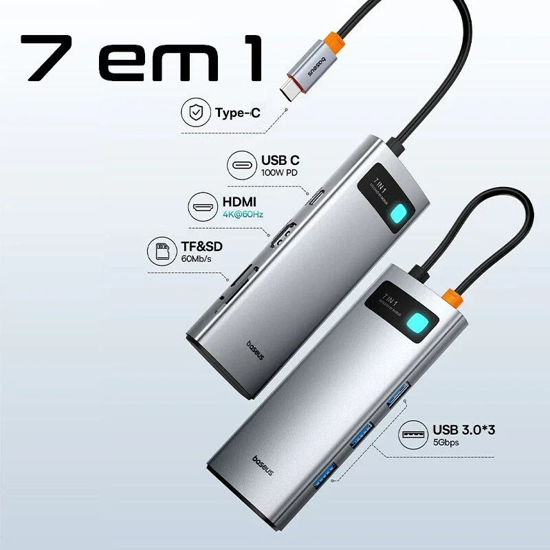 Imagem 3 de 5 do produto Adaptador Hub 7 Em 1 Notebook Mac  Multifuncional Baseus Usb-c Pd,  HDMI 4k, Rj45, Usb*3, Sd, Tf, Micro-sd.