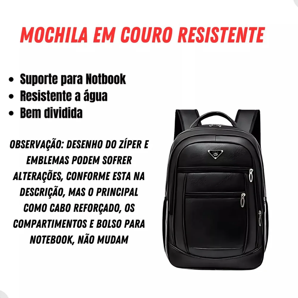 Imagem 3 de 5 do produto Mochila De Couro Masculina Grande Semi Impermeável Trabalho