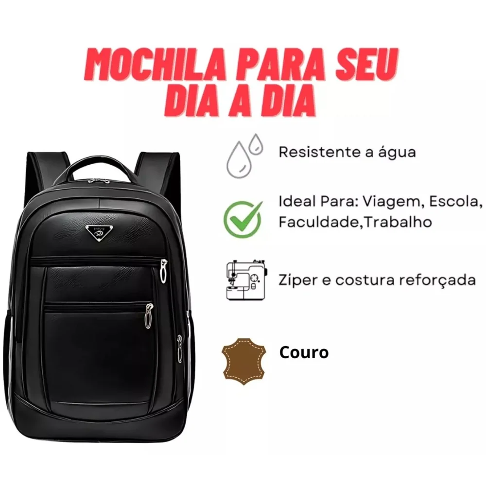 Imagem 5 de 5 do produto Mochila De Couro Masculina Grande Semi Impermeável Trabalho