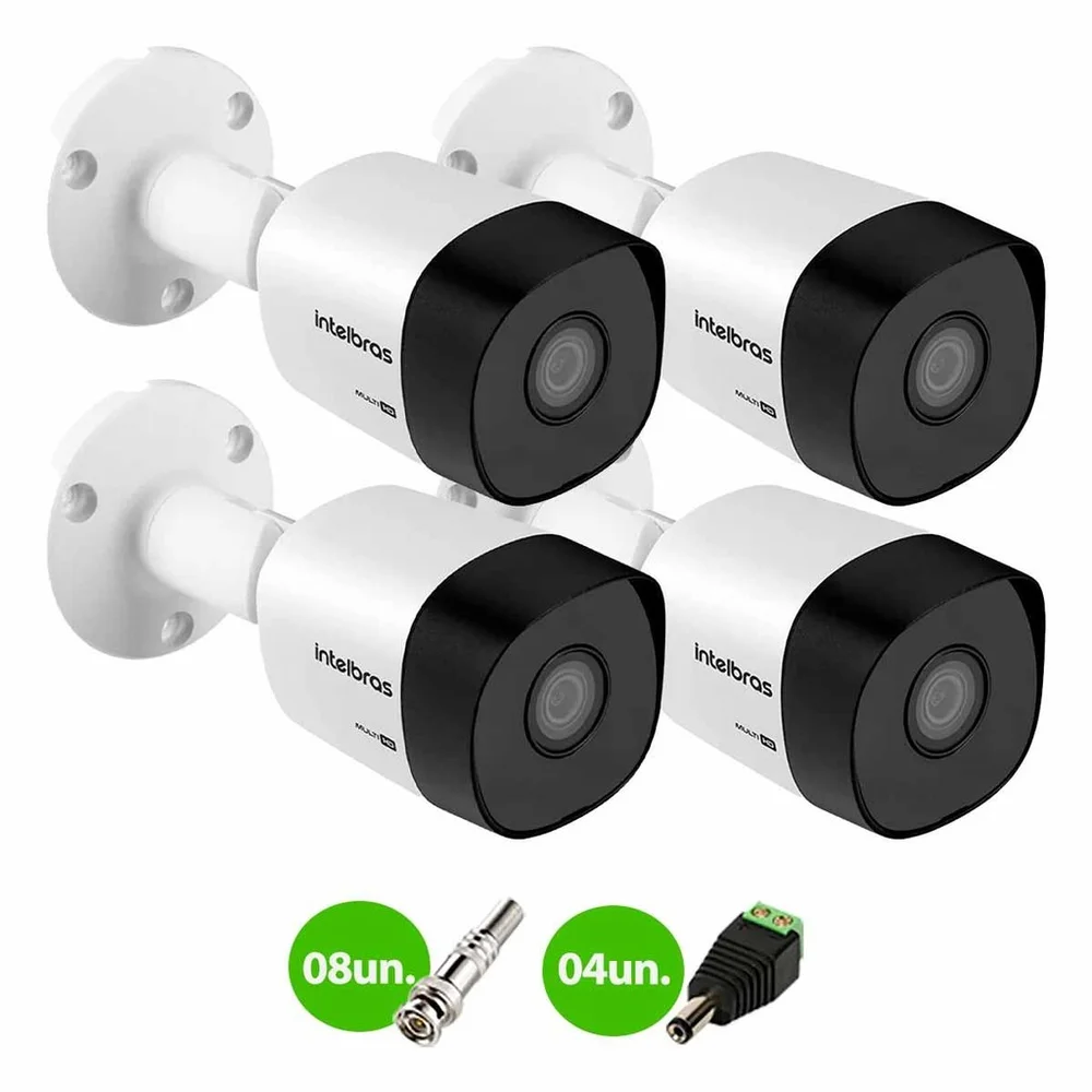 Kit 4 Câmeras Intelbras Vhd 3130 Bullet G6 Hd 720p, Lente 3.6mm Visão Noturna 30m, Ip67 + Conectores