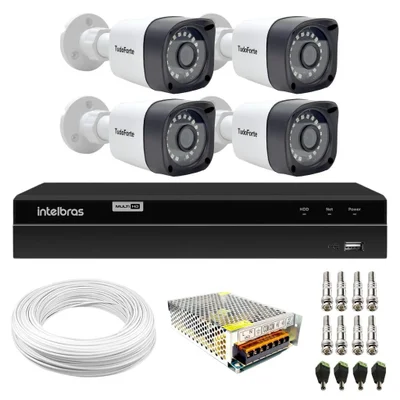 Kit 4 Câmeras Tudo Forte Bullet Full Hd Visão Noturna 20m Ip66 + Dvr Intelbras Mhdx 1204 4 Canais