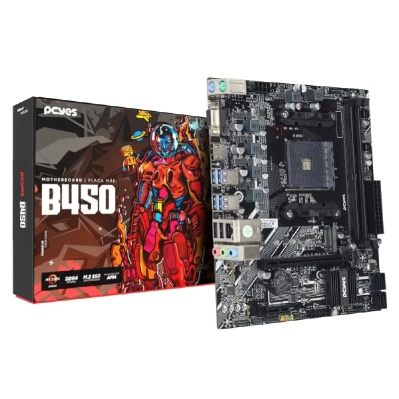 Placa Mãe PCyes B450, Amd Am4, 2x Ddr4 (max 64gb), M.2 Nvme, 4x Usb 3.0, Rede 1000, HDMI, Vga, M-atx - PCyb450-rz564