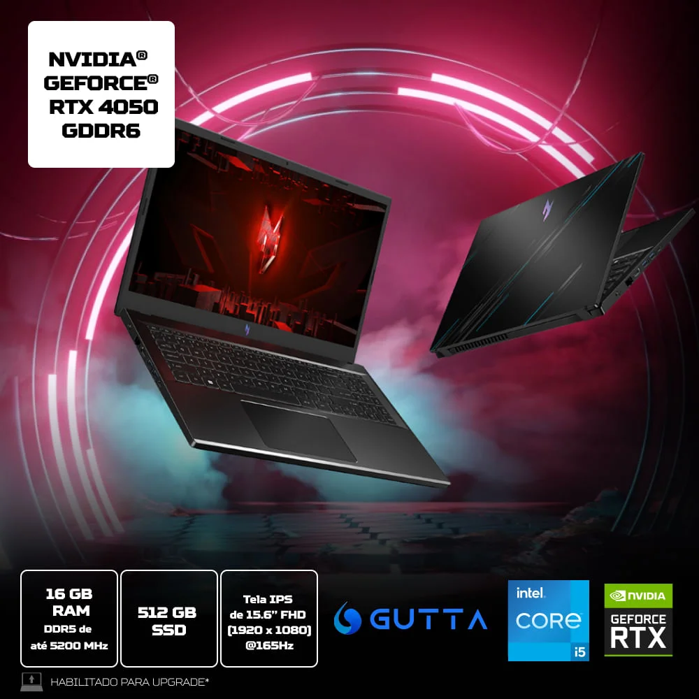 Imagem 2 de 2 do produto Notebook Gamer Acer Nitro V15, Intel Core i5-13420h, 16GB, RTX 4050, SSD 512GB, Tela 15.6" FHD, Linux - Anv15-51-51uz - NH.QS8AL.005