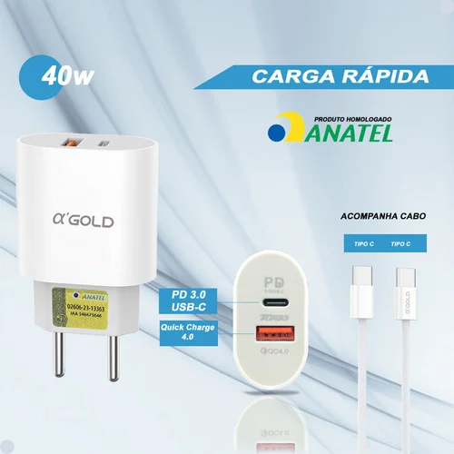 Imagem 4 de 5 do produto Kit Fonte Carregador Carga Rápida Turbo Pd40w Para Iphone 15 Cor Branco