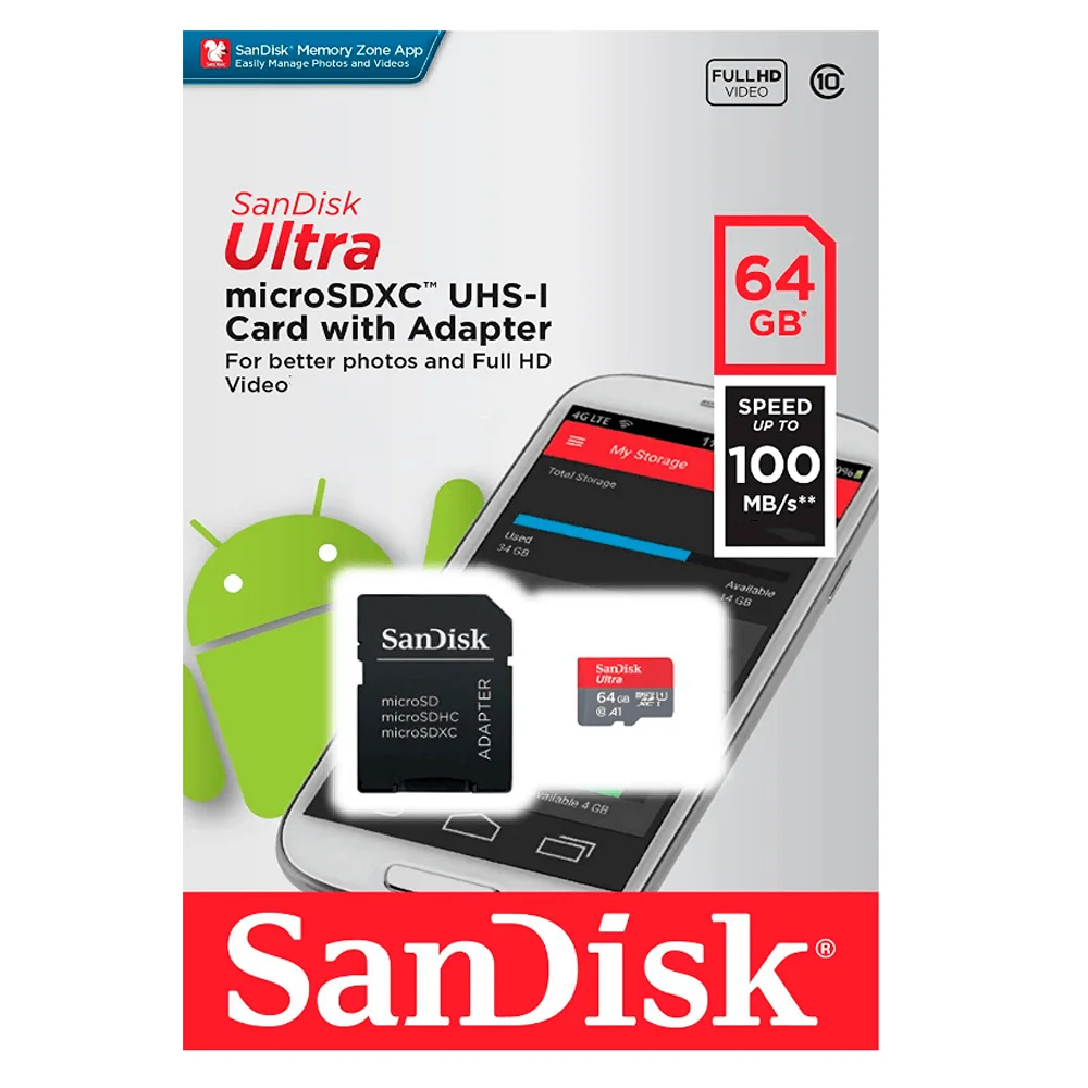 Cartão Microsdxc Sandisk Ultra 64gb De 100mb/s, Classe10, Uhs-i U1 A1 Cartão Microsdxc Sandisk Ultra 64gb De 100mb/s, Classe10, Uhs-i U1 A1