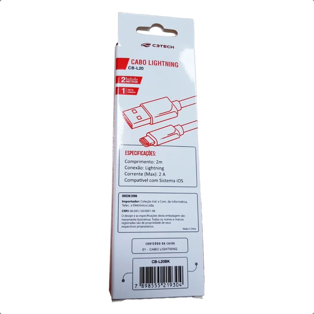 Imagem 2 de 5 do produto Cabo Smartphone C3tech Usb-lightning 2 Metros 2a Cb-l20bk