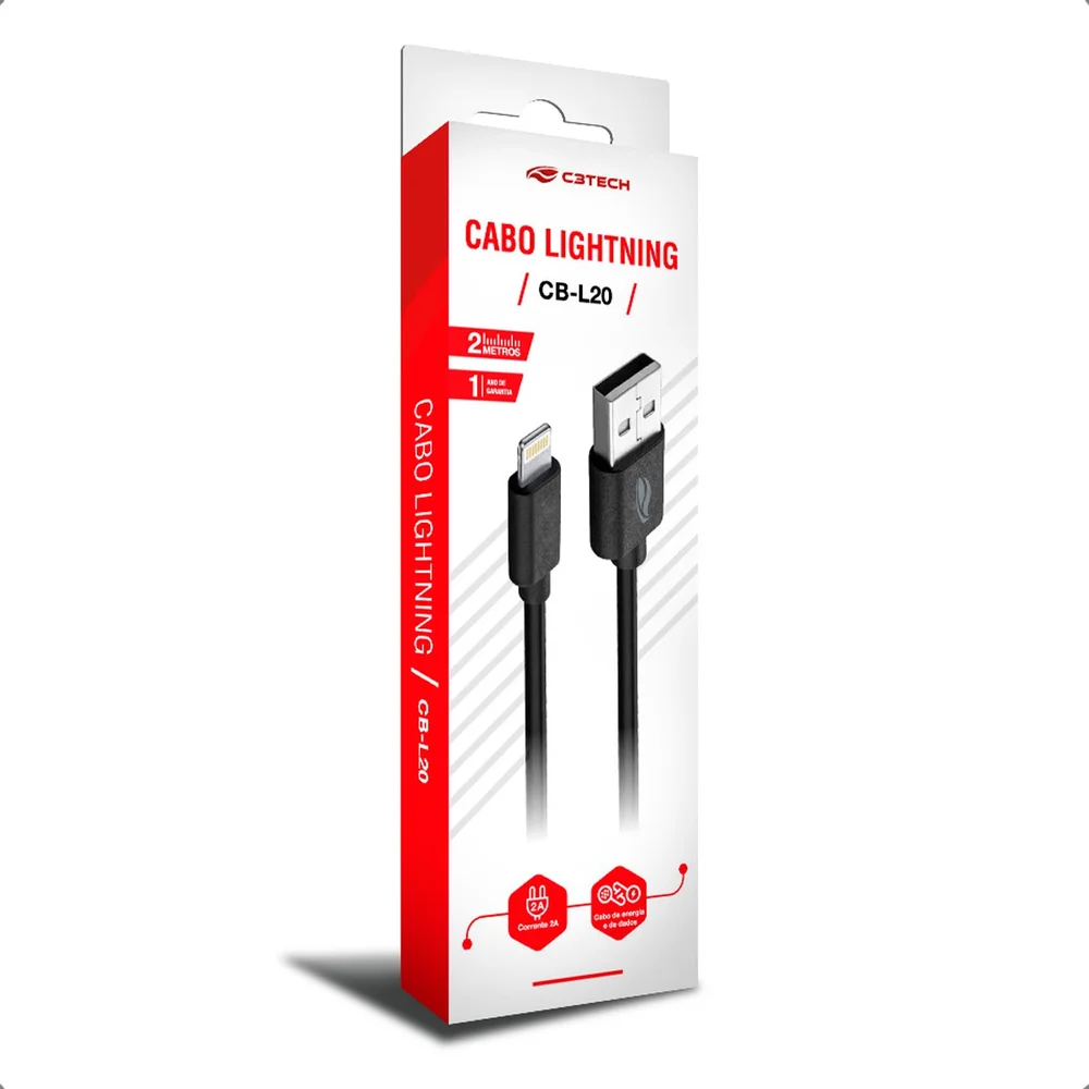 Imagem 3 de 5 do produto Cabo Smartphone C3tech Usb-lightning 2 Metros 2a Cb-l20bk