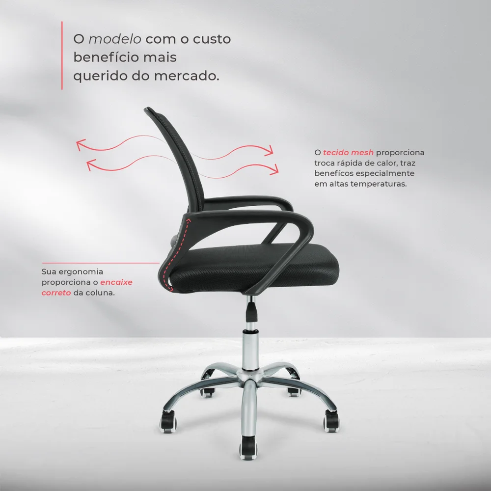 Imagem 4 de 5 do produto Cadeira Secretária De Escritório Giratória Mesh Preta Preto