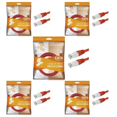 Kit 5 Cabo De Rede Patch Cord Cat6 Ftp Blindado 2m Vermelho