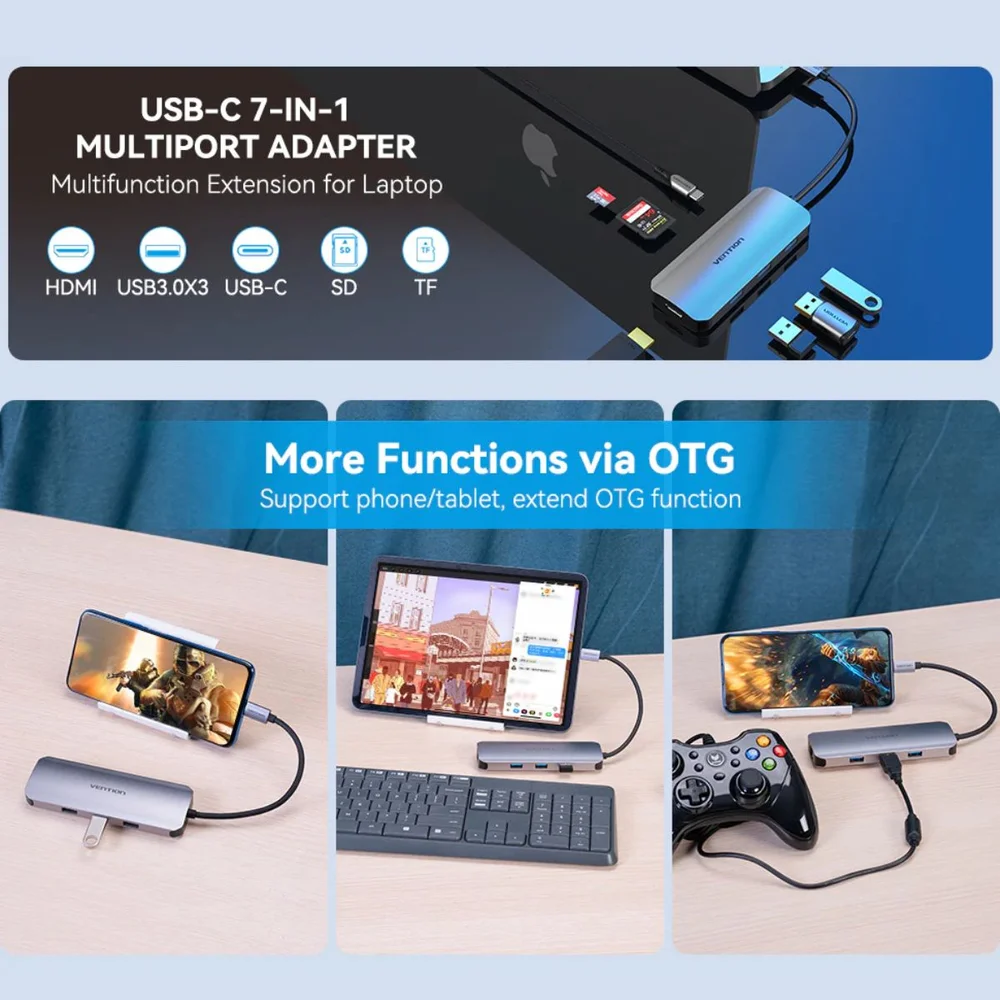 Imagem 2 de 5 do produto Dock Hub Usb C Para HDMI 4k@30hz + Usb 3.0 + Sd/tf + Pd 100w