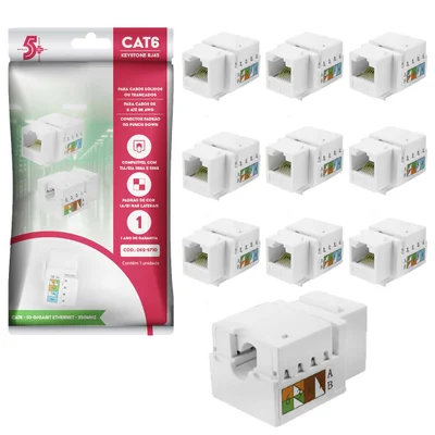 Kit Atacado 10 Keystone Fêmea Rj45 Cat6 10gbps Branco 5+