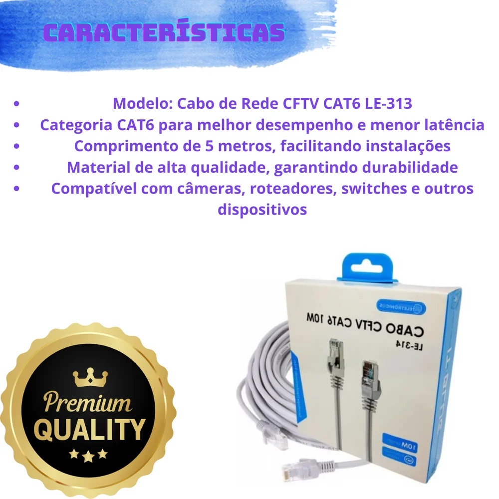 Imagem 2 de 5 do produto Cabo De Rede Cftv Cat6 10 Metros Le-314